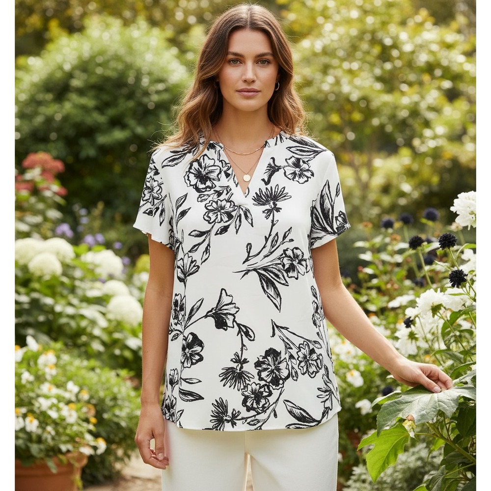 Maurices 1X Top Cream Black Floral Flutter Tropical Boho Resort Monochrome Chic